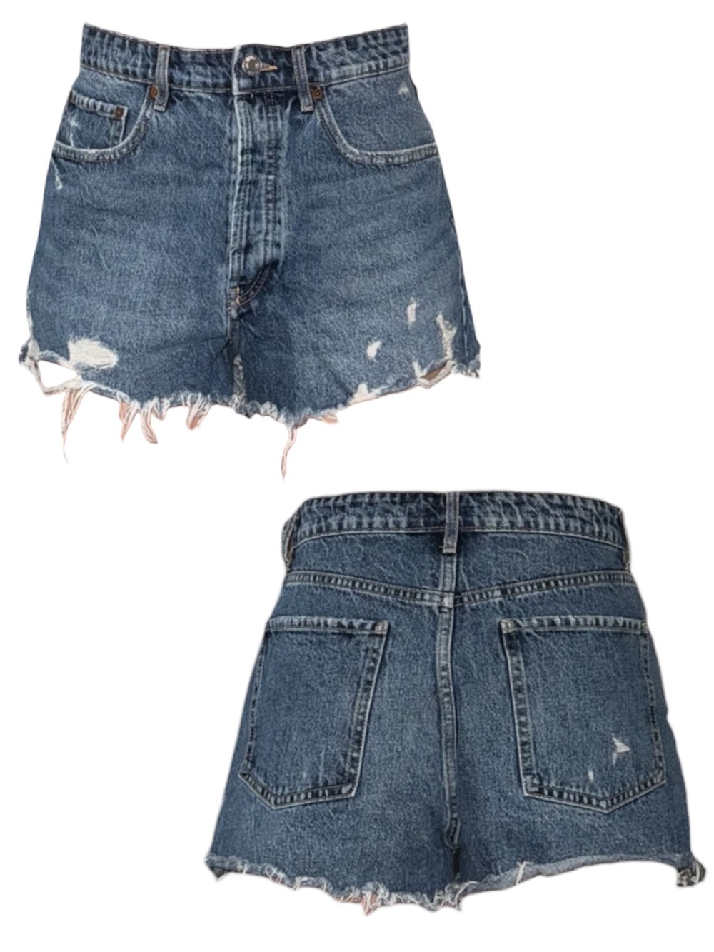 High-Waist Distressed Denim Shorts - Blue